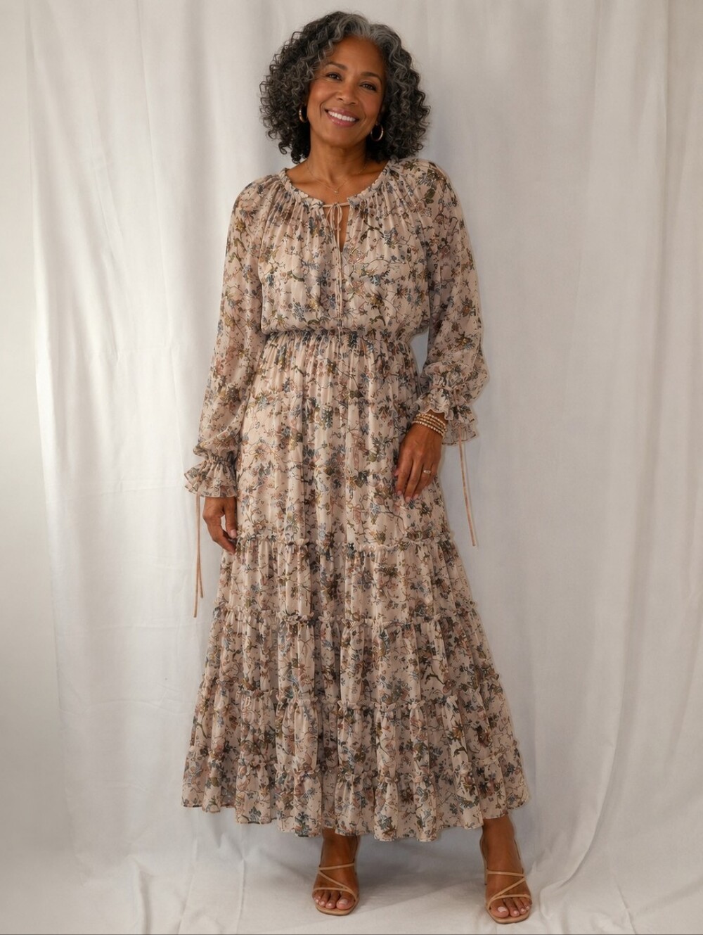 x Nicola Bathie Claire Floral Chiffon Crew Neck Long Sleeve Belted Dress Size 6 - Picture 2 of 8